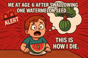Funny childhood belief meme showing a scared kid thinking a watermelon tree will grow from their stomach after swallowing a seed.