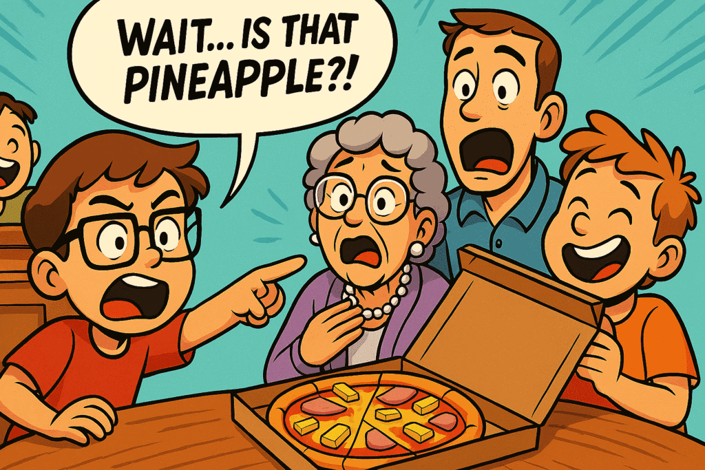 Cartoon illustration of a family reacting dramatically to a pizza topped with pineapple, capturing the humor of the Pineapple on Pizza debate.