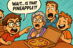 Cartoon illustration of a family reacting dramatically to a pizza topped with pineapple, capturing the humor of the Pineapple on Pizza debate.