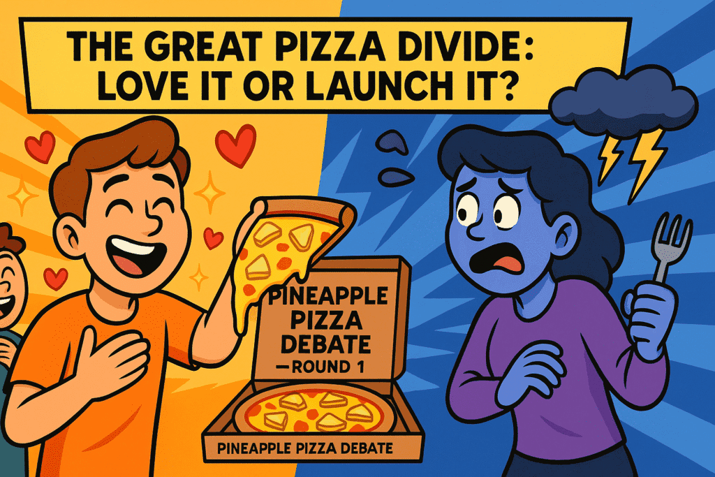 Cartoon split-screen of two characters reacting to pineapple on pizza—one happily eating, the other disgusted—illustrating the great pineapple on pizza debate.