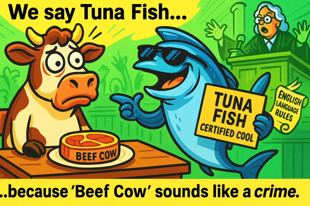 Cartoon of a courtroom scene where a shocked cow sits beside a steak labeled “Beef Cow,” while a confident tuna holds a sign reading “Tuna Fish Certified Cool.” A judge waves a scroll labeled “English Language Rules” behind them. (Why We Say Tuna Fish But Not Beef Cow)