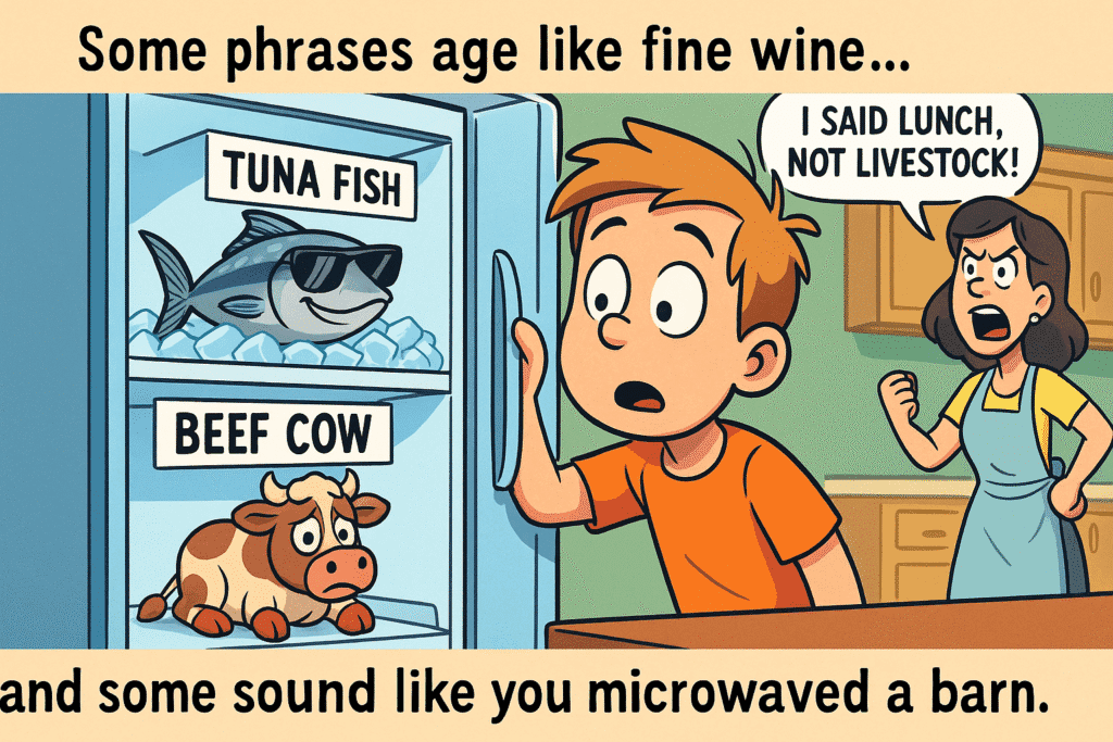 Cartoon image of a boy opening a fridge labeled with two shelves—one marked “Tuna Fish” featuring a cool tuna on ice with sunglasses, and the other labeled “Beef Cow” showing a confused mini cow in oven mitts. A mom yells from the kitchen, “I said lunch, not livestock!” — humorously illustrating Why We Say Tuna Fish But Not Beef Cow.