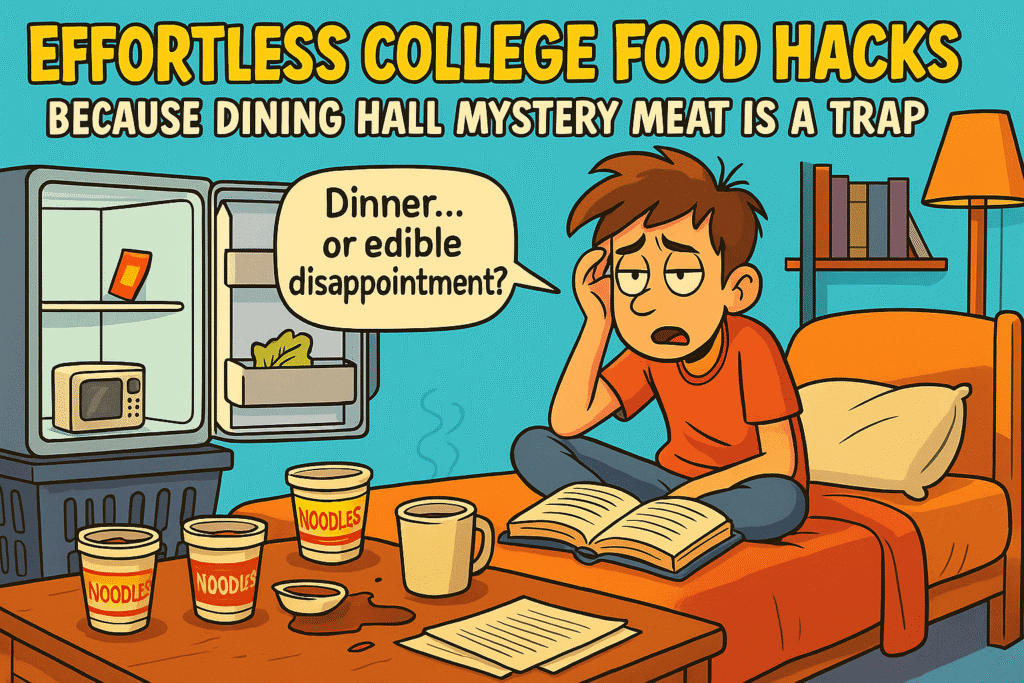 Cartoon-style illustration of a tired college student in a messy dorm surrounded by instant noodles, studying with an open book, representing the theme of Effortless College Food Hacks.