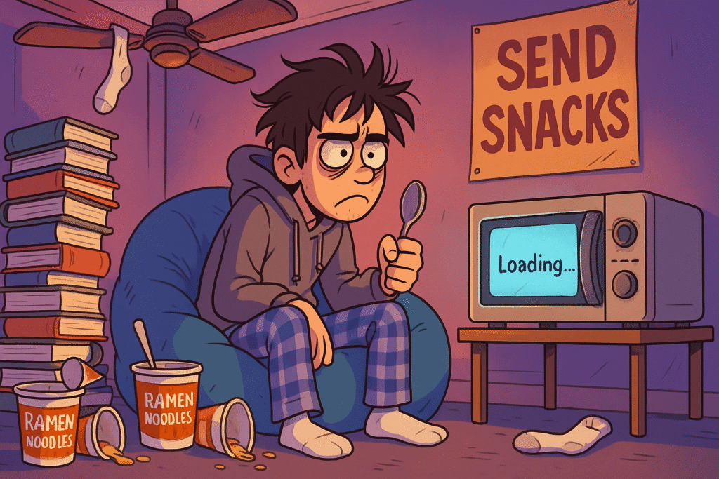Cartoon image of a tired college student in a chaotic dorm room staring at a microwave that says "Loading...", surrounded by ramen cups and messy books — humorous take on college life and food struggles.