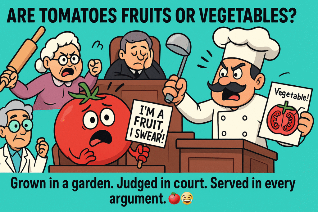 Funny cartoon image debating are tomatoes fruits or vegetables, showing a tomato in court with chefs and scientists arguing.