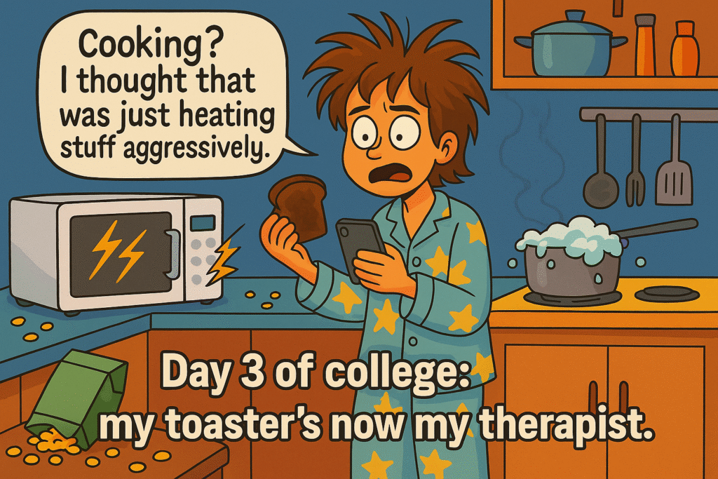 Cartoon of a confused student in a messy dorm kitchen holding burnt toast, perfectly visualizing food hacks for students who can’t cook.