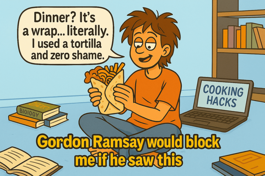 Cartoon of a student proudly holding a chaotic tortilla wrap filled with fries, noodles, and peanut butter—perfectly capturing food hacks for students who can’t cook.