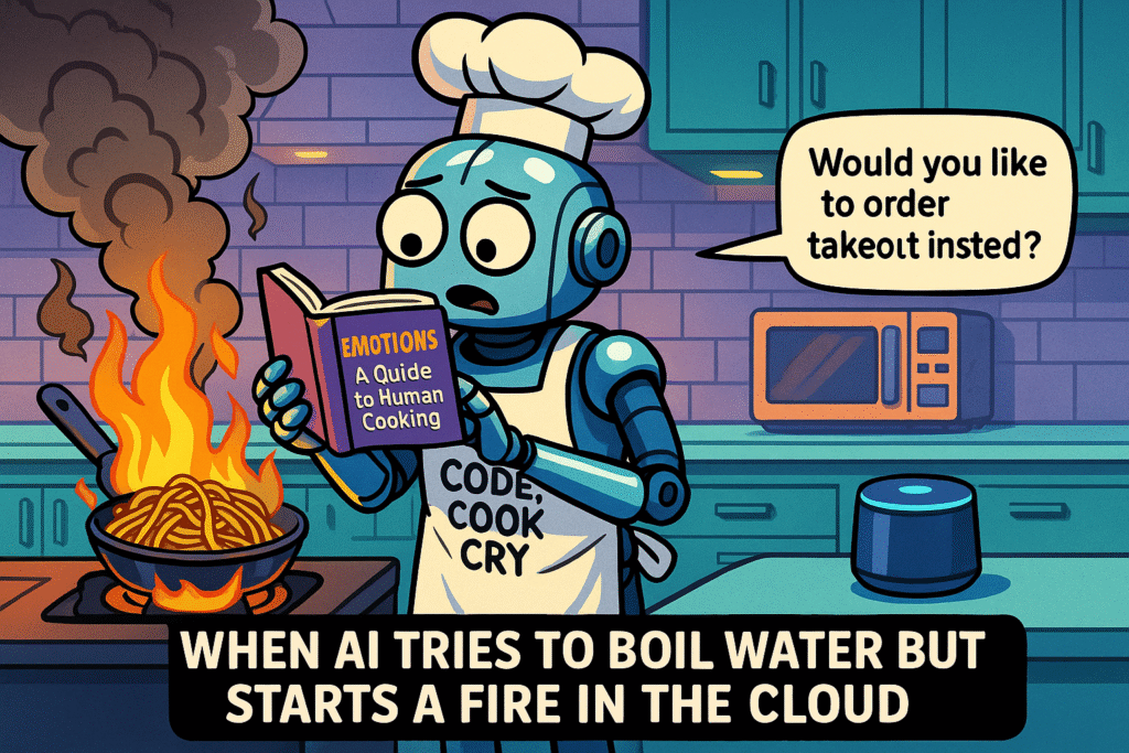 Confused AI robot chef burns spaghetti while wondering: will AI replace chefs?