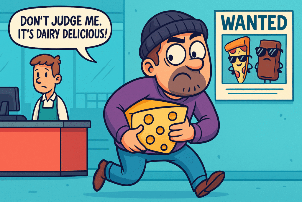 Cartoon-style supermarket theft showing cheese being stolen — most stolen food around the world humor