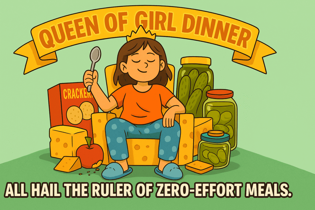 A cartoon woman sits on a throne made of cheese, crackers, and pickles, wearing a tiara and holding a spoon like royalty—illustrating the Girl Dinner Trend.