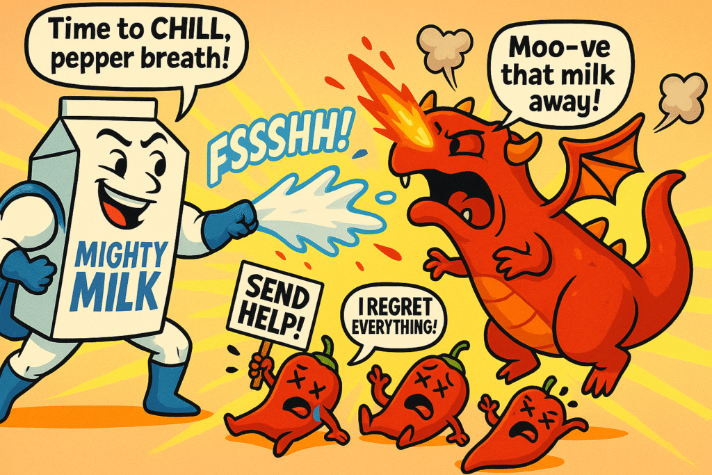Cartoon of Mighty Milk blasting a fiery Chili Dragon with a jet of milk, showing how to survive spicy food in a funny, superhero style.
