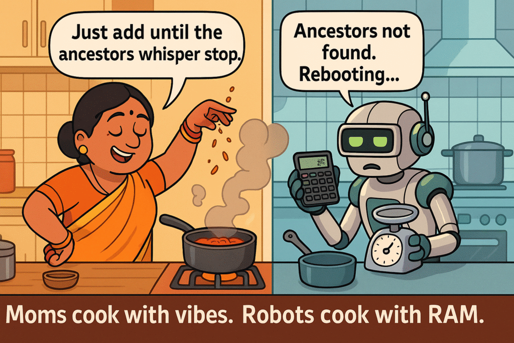 Mom cooks confidently beside AI robot chef, highlighting the question: will AI replace chefs?