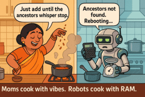Mom cooks confidently beside AI robot chef, highlighting the question: will AI replace chefs?