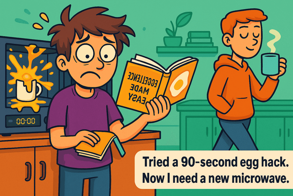 Cartoon of a kitchen disaster where a microwave explodes while cooking eggs, with a student holding an upside-down cookbook — a hilarious visual representing failed quick breakfast tricks.