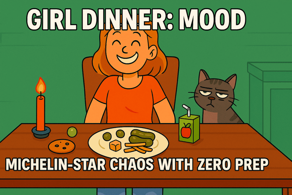 Cartoon woman smiling proudly at a chaotic snack plate with cheese, pickles, and cold fries while her unimpressed cat judges her—showcasing the Girl Dinner Trend