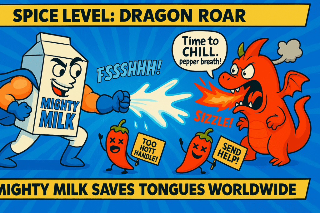 Comic panel showing Mighty Milk hosing down a roaring Chili Dragon—an over-the-top lesson in how to survive spicy food with dairy power.
