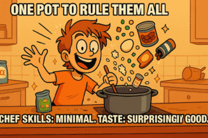 Cartoon character joyfully tossing rice, beans, veggies, and an egg into one big cooking pot, with sparkles flying around in a cozy, messy kitchen — the magical chaos of How To Cook When You Are Lazy And Broke in action.