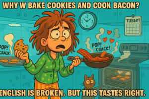 Sleepy woman in cartoon kitchen holding cookie and bacon at 2AM, confused by why we bake cookies and cook bacon