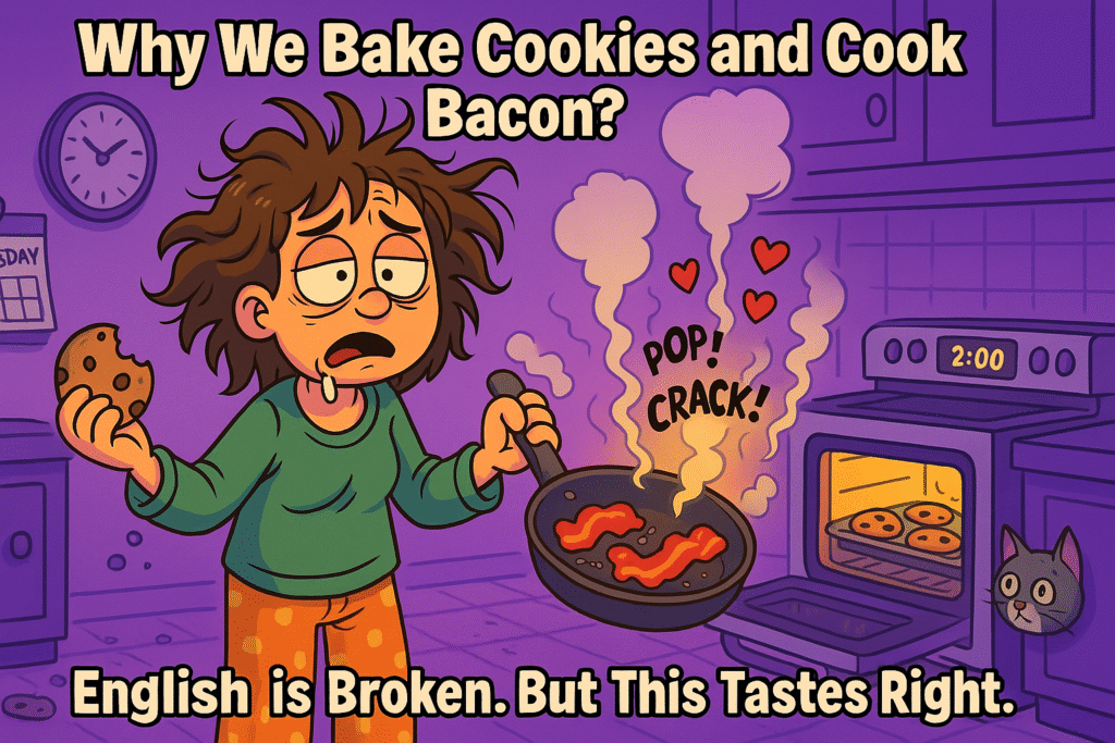Cartoon meme of a sleepy person at 2AM holding cookie and bacon, asking why we bake cookies and cook bacon