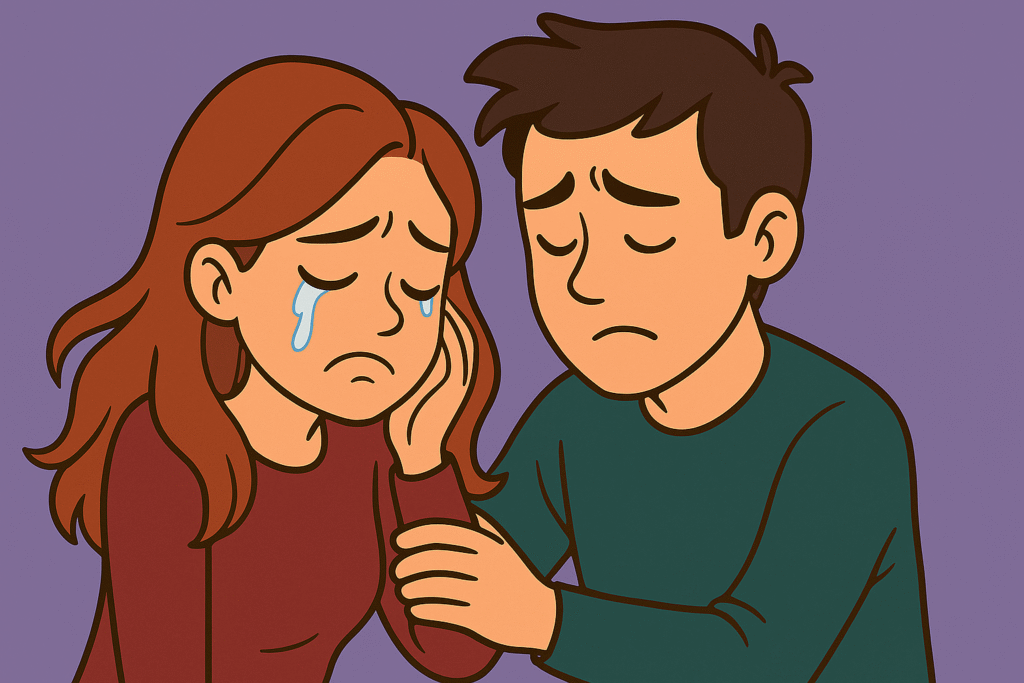 A cartoon-style illustration of a sad girl crying while a boy gently comforts her, both sitting against a soft lavender background.