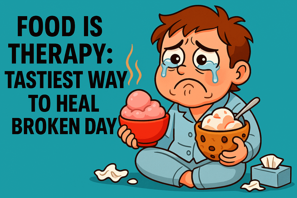 Cartoon meme showing a sad character in pajamas eating comfort food with the text "Food Is Therapy: Tastiest Way To Heal Broken Day"