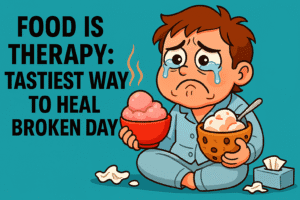 Cartoon meme showing a sad character in pajamas eating comfort food with the text "Food Is Therapy: Tastiest Way To Heal Broken Day"