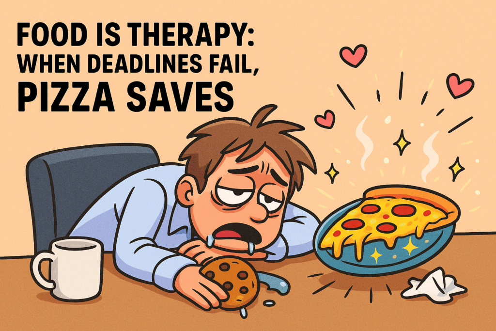 Cartoon meme showing a tired office worker drooling over a glowing slice of pizza with the text “Food Is Therapy: When Deadlines Fail, Pizza Saves”
