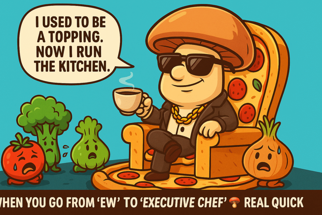 A cartoon mushroom dressed as a mafia boss sits on a pizza throne while scared vegetables watch, humorously showing how mushrooms are taking over food culture.
