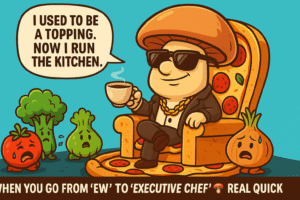 A cartoon mushroom dressed as a mafia boss sits on a pizza throne while scared vegetables watch, humorously showing how mushrooms are taking over food culture.