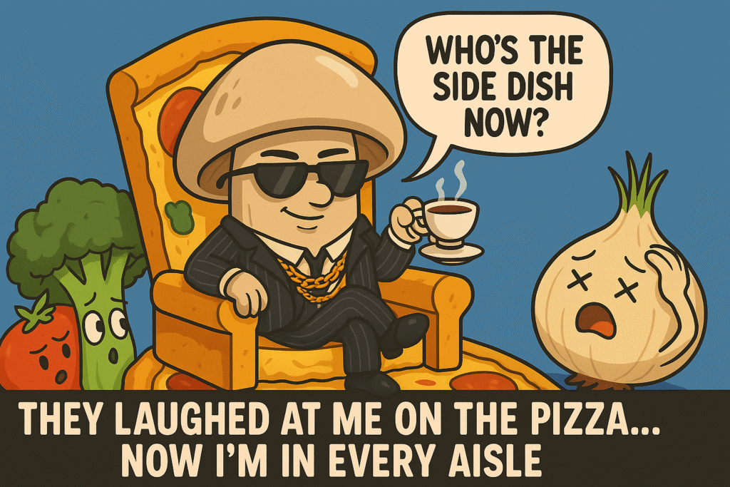 Cartoon mushroom in a gangster suit sits on a pizza throne with scared vegetables around him, humorously illustrating how mushrooms are taking over food culture.