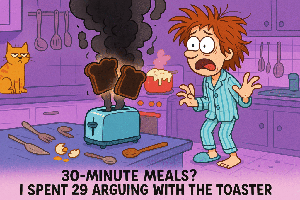 Cartoon of a chaotic kitchen where a person in pajamas stares at burnt toast popping from a toaster, with smoke rising and a judging cat in the background. Caption: “30-Minute Meals? I spent 29 arguing with the toaster.”