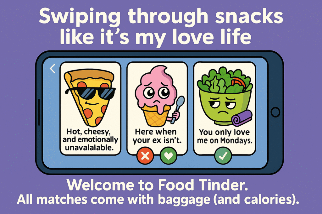 Cartoon meme showing funny food dating profiles of pizza, ice cream, and salad on a fake dating app screen with humorous bios.