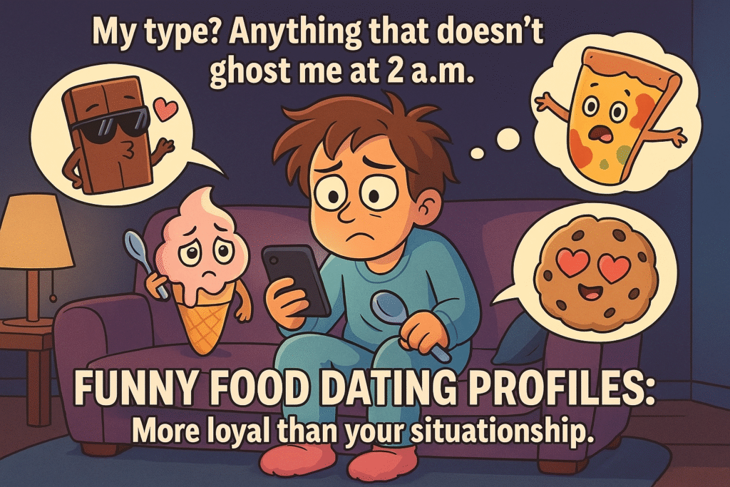 Cartoon meme of a person swiping through funny food dating profiles at midnight, surrounded by emotional food characters like chocolate, fries, peanut butter, and a cookie.