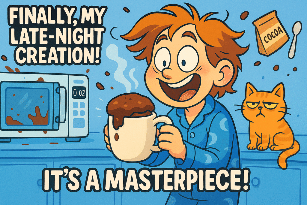 Cartoon-style illustration of a happy person in pajamas holding a chocolate mug cake with a microwave and cocoa doodles in the background — representing a fun and cozy microwave mug cake recipe.