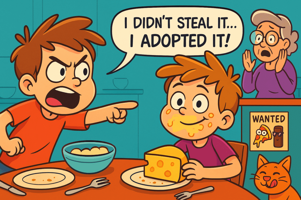 Cartoon family dinner chaos over cheese – most stolen food around the world childhood humor