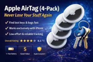 Apple AirTag 4-Pack showing item tracking with keys and iPhone using Find My app