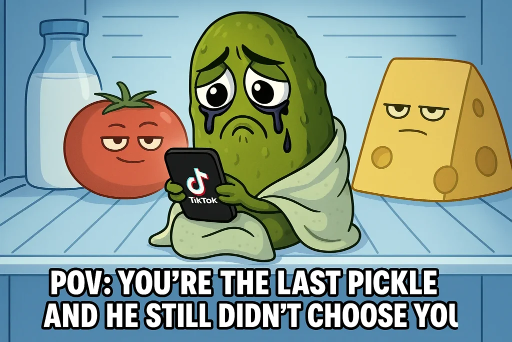 Cartoon pickle crying inside a fridge with mascara and blanket, representing the Pickle Girl Trend in a funny, relatable meme style.