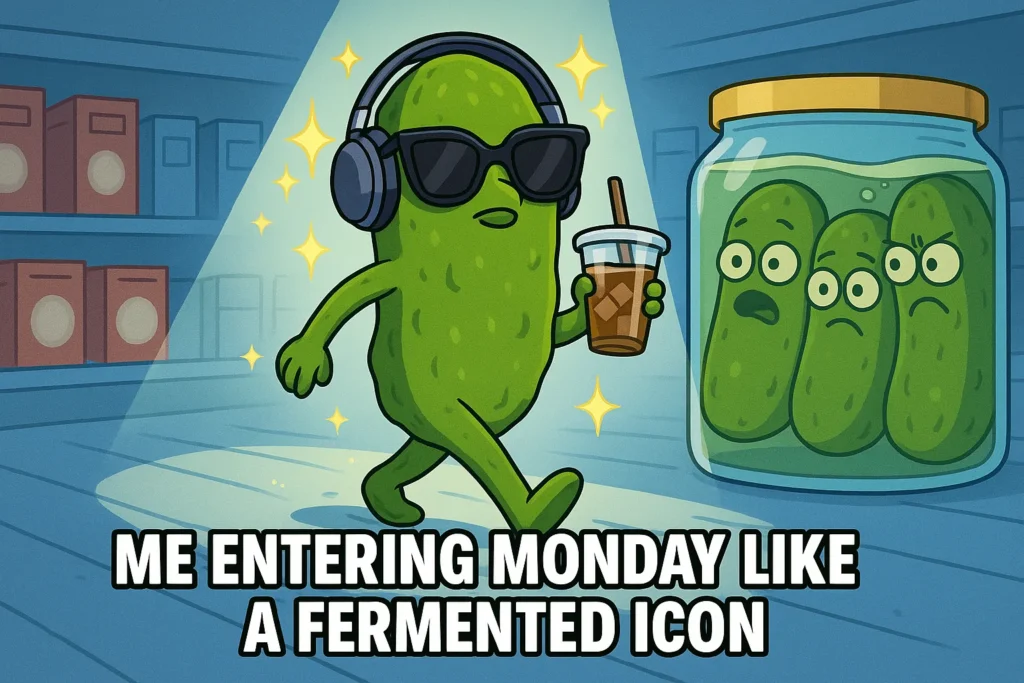 Confident cartoon pickle walking with sunglasses and iced coffee, showcasing the bold personality of the Pickle Girl Trend.