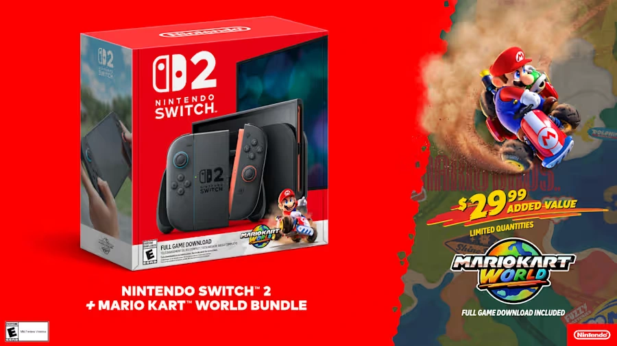 Nintendo Switch 2 Mario Kart World bundle showing console box, Joy-Con controllers, and Mario Kart gameplay artwork