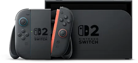 Nintendo Switch 2 console with Joy-Con controllers and dock in a sleek black design