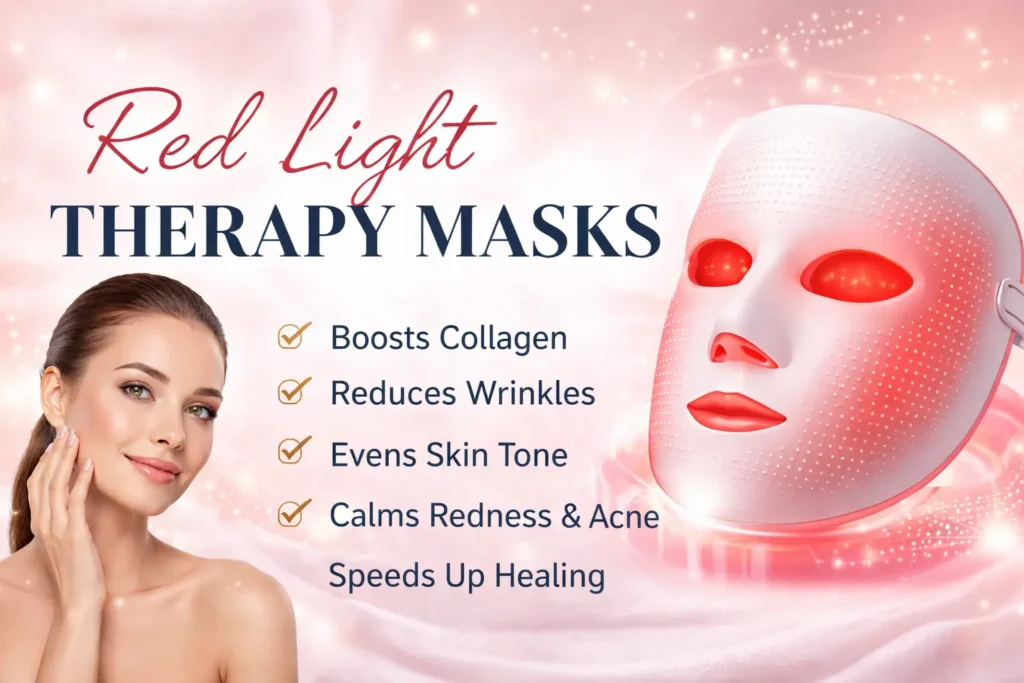 Red light therapy mask banner showing LED facial mask with glowing red light for skincare benefits