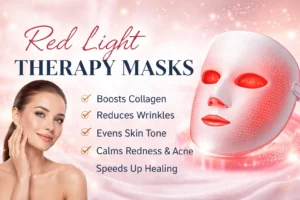 Red light therapy mask banner showing LED facial mask with glowing red light for skincare benefits