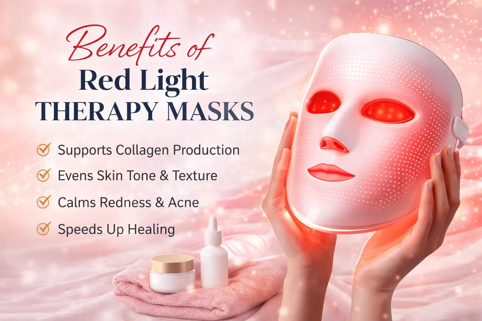 Red light therapy mask with LED lights displayed with skincare products during a home treatment session