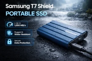 Samsung T7 Shield portable SSD showcasing rugged design and high-speed external storage