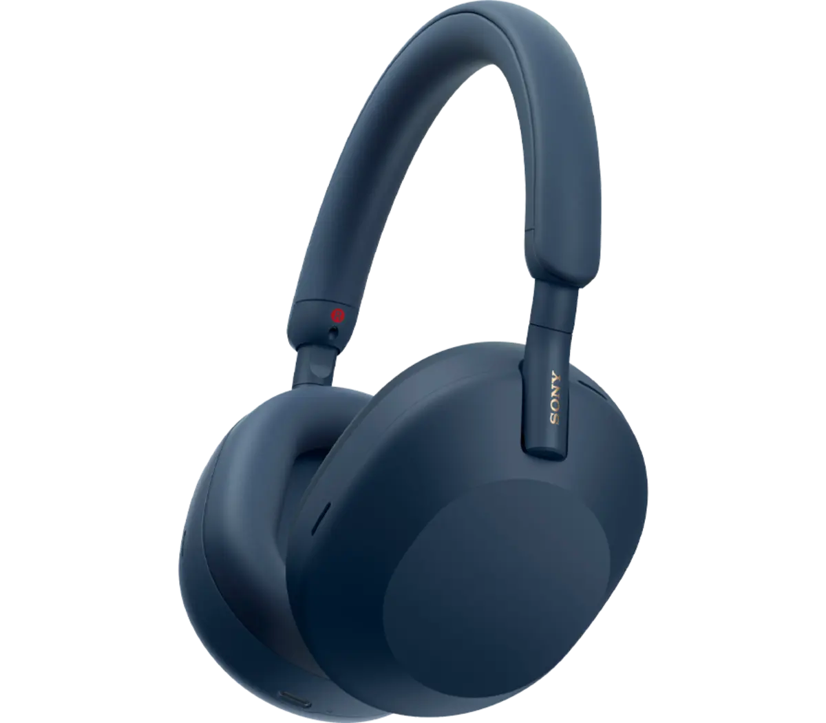 Close-up side view of Sony WH-1000XM5 headphones, showing textured finish and slim headband design.