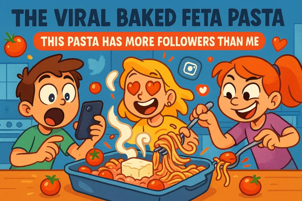 The Viral Baked Feta Pasta illustrated in a funny cartoon style with melting feta cheese, roasted tomatoes, and excited characters filming and tasting the viral pasta dish