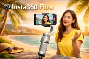 Insta360 Flow smartphone gimbal capturing a solo vlogger at the beach, hands-free AI tracking and smooth mobile video recording