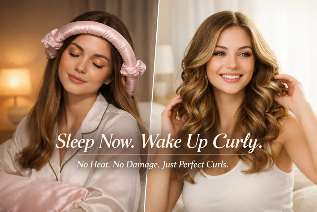 Heatless hair curler set featuring a pink satin curling rod with matching scrunchies and a metallic hair clip, displayed on a clean white background to highlight its soft, premium finish and no-heat styling design.