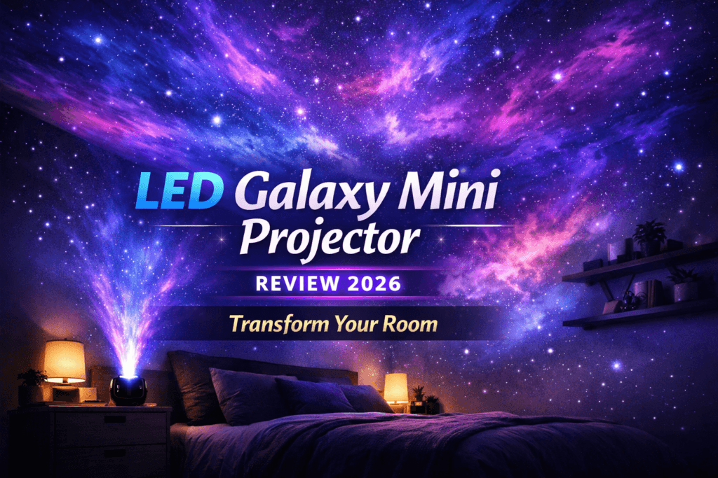 LED Galaxy Mini Projector lighting up a bedroom with colorful nebula clouds and star effects on ceiling