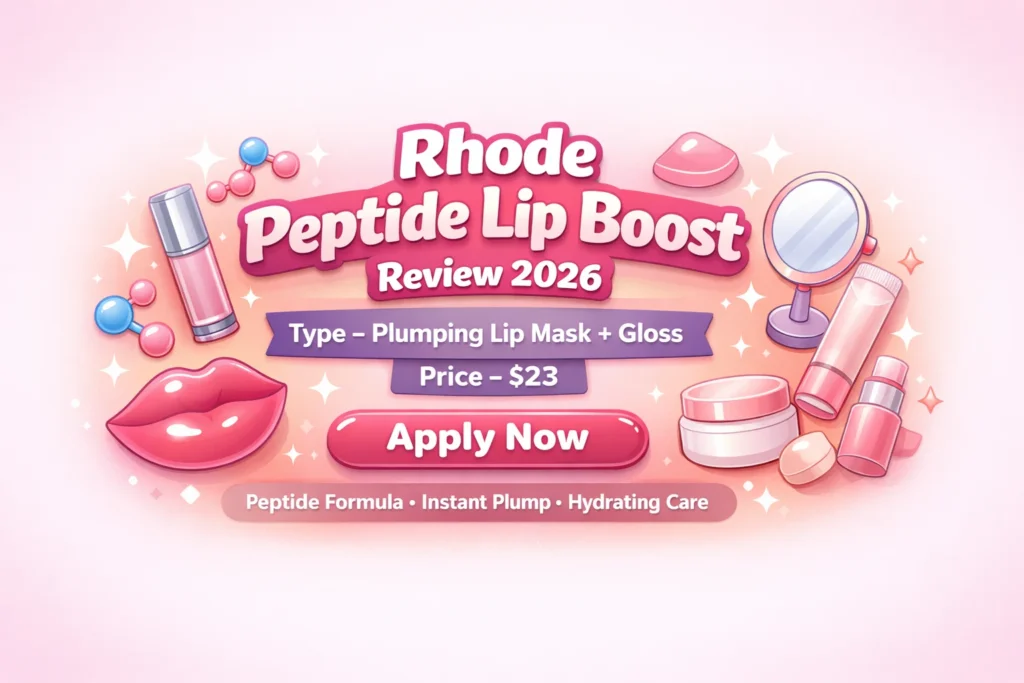Rhode Peptide Lip Boost review showing plumping lip mask details, price $23, and apply now button with beauty elements